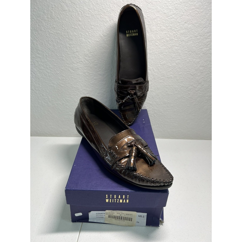 Stuart Weitzman Country Club Bronze Metallic Patent Leather Tassel Loafers 8.5